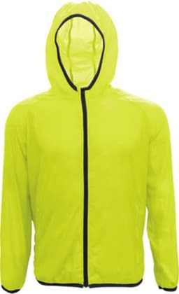 A bright yellow unisex rain jacket with a hood and black zipper accents. It features a logo on the front.