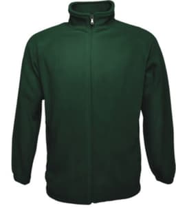 A polar fleece zip-through jacket in dark green, featuring long sleeves and a high collar. It has a zip front and a logo.