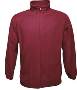 A maroon polar fleece zip-through jacket featuring a high collar and a zip closure. The jacket has a logo.