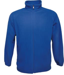 A blue polar fleece zip-through jacket with a high collar and zip closure. The jacket features long sleeves and has a logo.