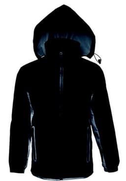 A black unisex reflective wet weather jacket with a hood and side pockets. Features reflective detailing.