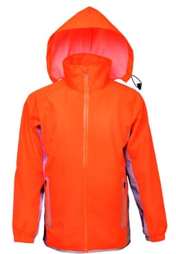 A bright orange unisex adults reflective wet weather jacket with a hood and contrasting trim. Features a logo.