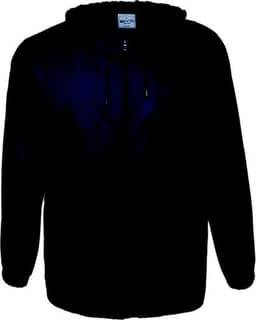 A black promotional wet weather jacket with a hood, featuring a front zipper and drawstring adjustments.