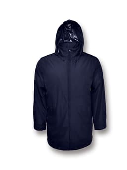 A navy unisex adults coaches jacket with a hood and zip front, featuring a logo on the sleeve.