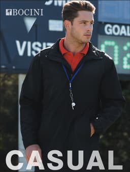 A black unisex adults coaches jacket with a collar, featuring a logo and buttons, worn by a man with a sporty look.