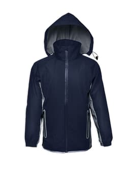 A navy reflective wet weather jacket features a hood and grey accents, with two front pockets and a zip closure.