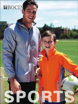 A reflective wet weather jacket in grey worn by an adult and an orange jacket worn by a child, both on a sports field.