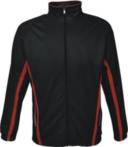 A black track jacket with red accents and side pockets, featuring a zippered front and high collar.