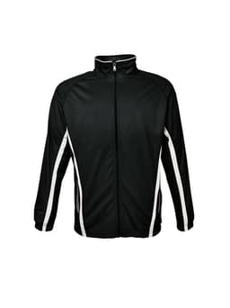 A black track jacket with white stripes along the sides and a zippered front. It features a logo on the chest.