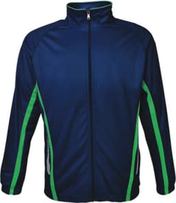A kids' track jacket in navy blue with green accents, featuring a full zip and a logo.