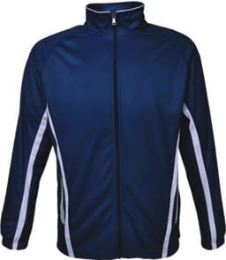 A navy track jacket featuring white side stripes and a zip-up front, equipped with a logo.