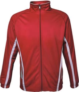 A red track jacket featuring white side stripes and a high collar. It includes a zip front and has a logo.