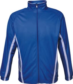 A blue track jacket featuring white stripes and a zipper, with a logo on the chest.