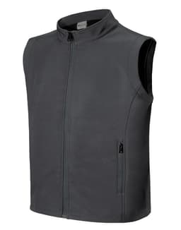 A grey men's softshell vest with a zip front and side pockets, featuring a logo.