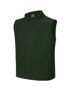 A green ladies softshell vest with a zip front and no sleeves, featuring side pockets and a branding logo.