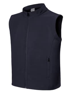 A black softshell vest with a zip front and two side pockets, featuring a logo on the label.