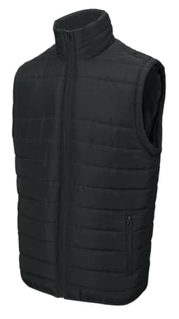 A black kids' puffer vest features a zipped front and two side pockets, with quilted detailing.