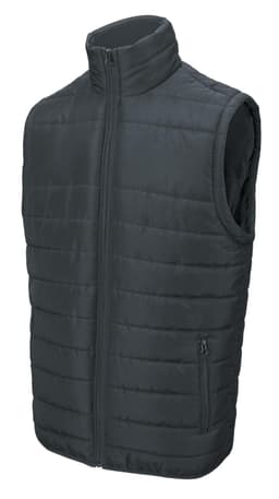 A dark green kids' puffer vest with a zip front and two side pockets, featuring a high collar and quilted design.