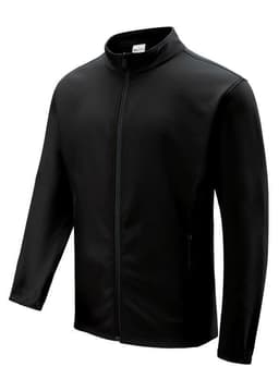 A black men's softshell jacket with adjustable cuffs and a zip front. It features side pockets and has a logo.