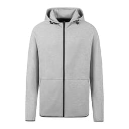 A grey zipped hoodie featuring a hood, two front pockets, and a logo.