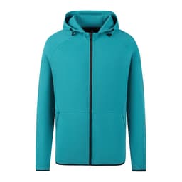 A turquoise zipped hoodie with a hood and a front zip closure, featuring a logo on the chest area.
