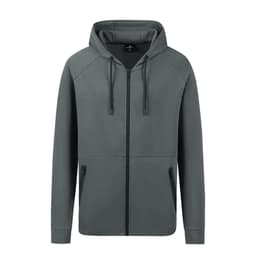 A grey zipped hoodie with a hood, featuring two front pockets and a logo on the chest.