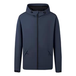 A navy blue rain jacket featuring a hood, front zipper, and side pockets. It includes a logo on the chest.