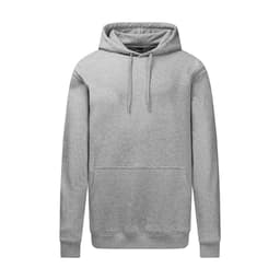 A grey heavy weight hoodie featuring a drawstring hood and a front pocket, with a logo on the front.
