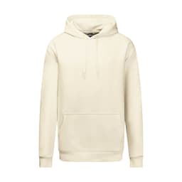 A cream-coloured heavy weight hoodie with a front pocket and a drawstring hood, featuring a logo.