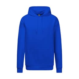 A blue heavy weight hoodie with a kangaroo pocket and a hood, featuring a logo on the front.