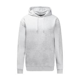 A light grey hoodie with a front pocket and drawstring hood. The garment features a logo on the chest area.