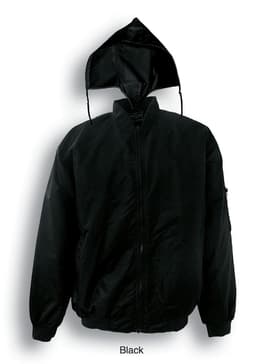 A black unisex adults flying jacket featuring a zip front, stand-up collar, and an attached hood.