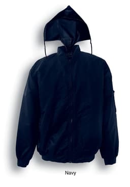 A navy unisex flying jacket with a hood and zip closure, featuring a logo on the sleeve.