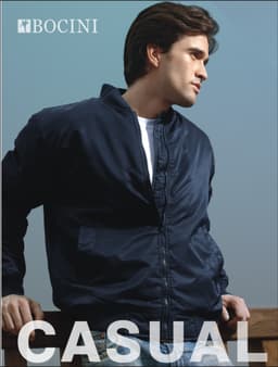 A navy unisex flying jacket worn by a model against a simple background. The jacket features a logo.
