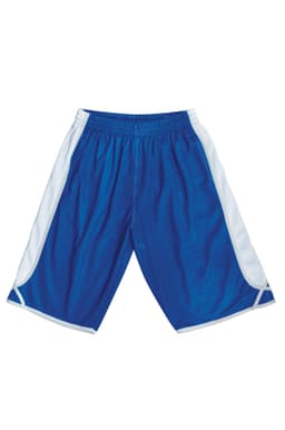 Men's basketball shorts in bright blue with white side panels and an elastic waistband. Features a logo.