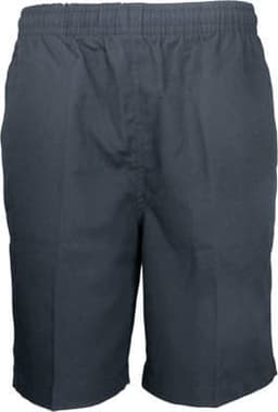 Boys' school shorts in dark grey with an elastic waistband. Features a logo on the front.