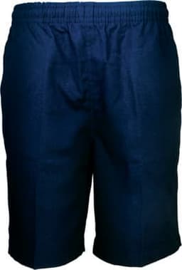 Navy blue boys' school shorts with an elastic waistband and a simple design. Features a logo on the waistband.