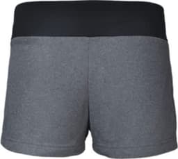 A pair of grey ladies sports shorts with a black waistband, featuring a logo on the waistband.