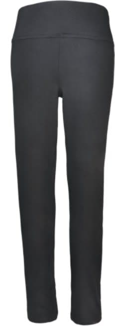 Ladies yoga tights in black, featuring a simple design and a waistband for comfort. Includes a logo.