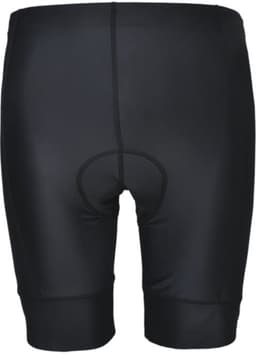A pair of black ladies cycling shorts featuring a padded section and an elastic waistband.