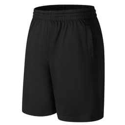 Black sports shorts with an elastic waistband and side pockets, featuring a logo on the side.