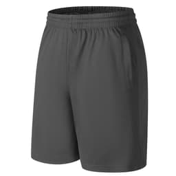 A pair of dark grey sports shorts with an elastic waistband and side pockets, featuring a logo.