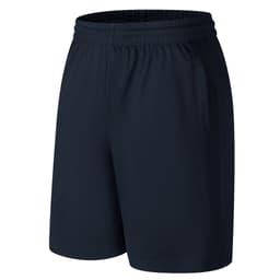 Cotton back sports shorts in navy, featuring an elastic waistband and side pockets. Includes a branding logo.