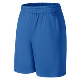 Blue sports shorts with an elastic waistband and side pockets, featuring a logo on the fabric.