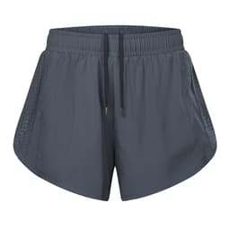 A pair of women's double layer sports shorts in dark grey, featuring a lightweight design with side mesh panels and a drawstring waist.