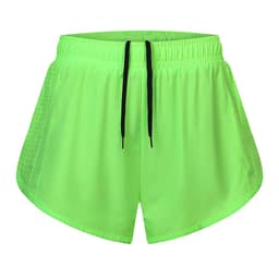 Vibrant green women's double layer sports shorts with a black drawstring and mesh side panels.