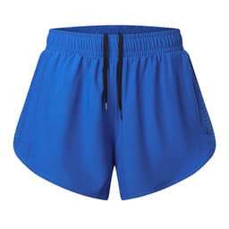A pair of women's double layer sports shorts in a vibrant blue colour with an elastic waistband and a logo.