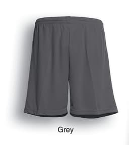 Grey unisex football shorts with an elastic waistband and a logo. Suitable for sports activities.