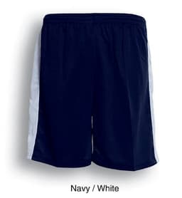 Navy shorts with white side panels, featuring a mesh texture and branding.