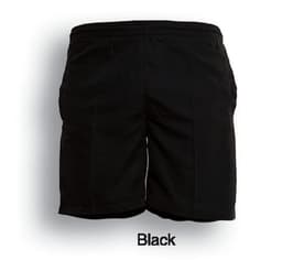 Black kids' peach skin microfibre shorts with an elastic waistband and side pockets. Features a logo on the back. 